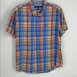 Tommy Hilfiger blue and orange plaid shirt